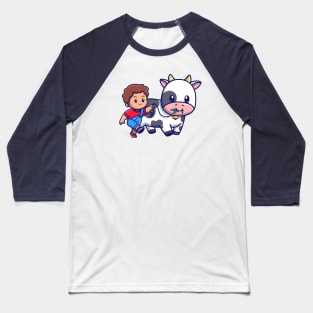 Cute Boy Walking With Cow Cartoon Baseball T-Shirt